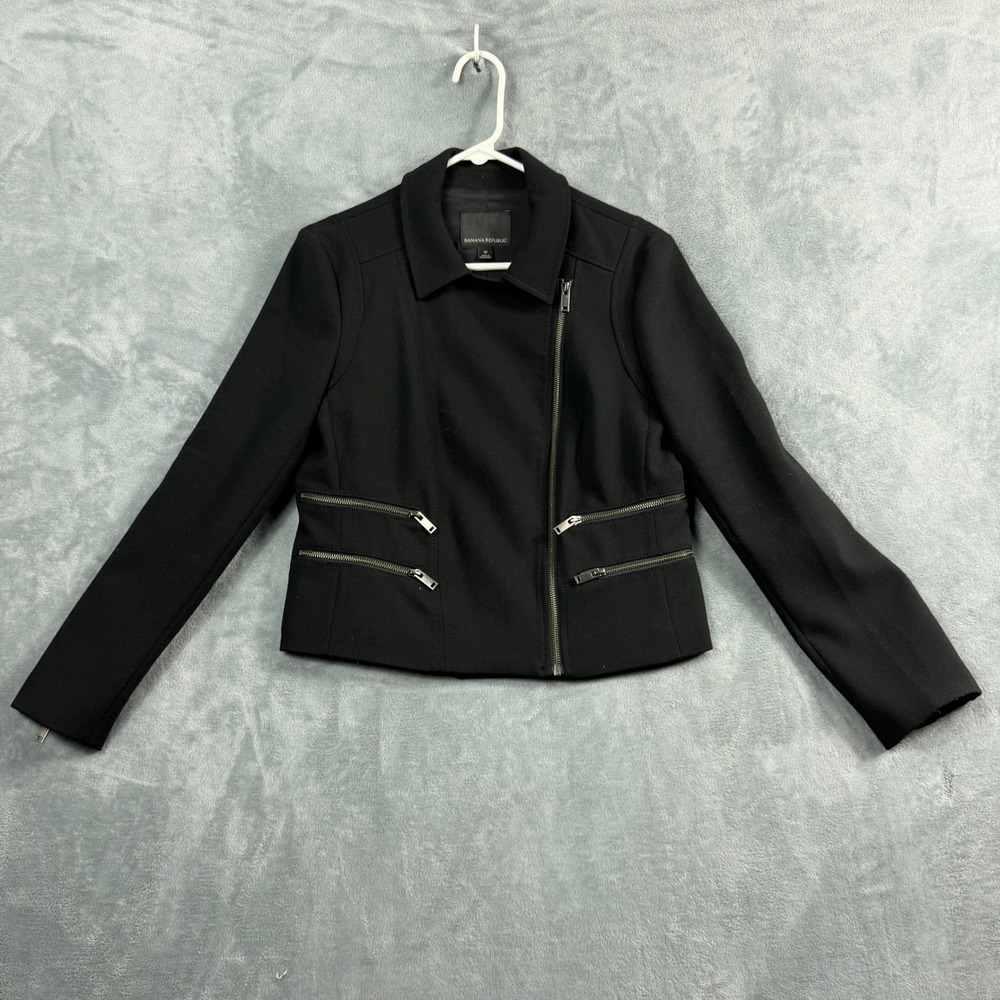 Banana Republic Women 12 Black Moto Jacket Asymmetrical Zip Viscose Office Siren